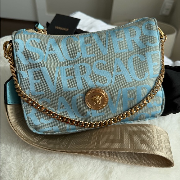 Versace Handbags - Versace Sky Blue Logo Crossbody Bag with Gold Chain